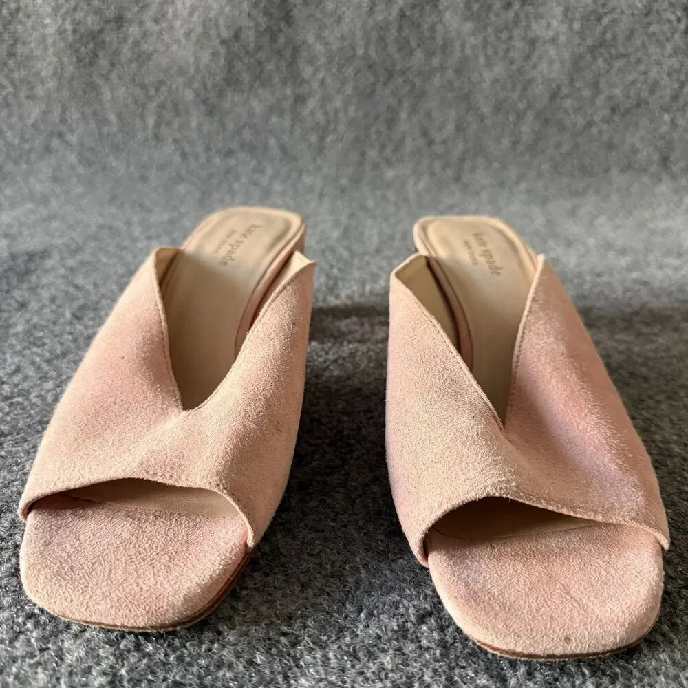 Kate Spade Caila Pink Suede Block Heel Mule Transparent Gem Square Toe 8.5M